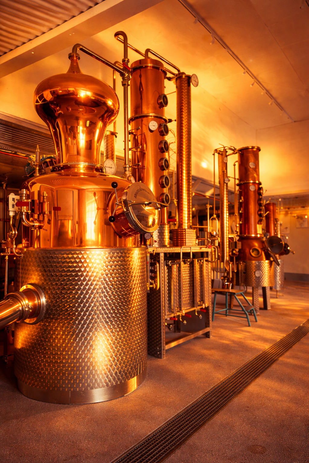Copper distillation equipment in a distillery with warm lighting.