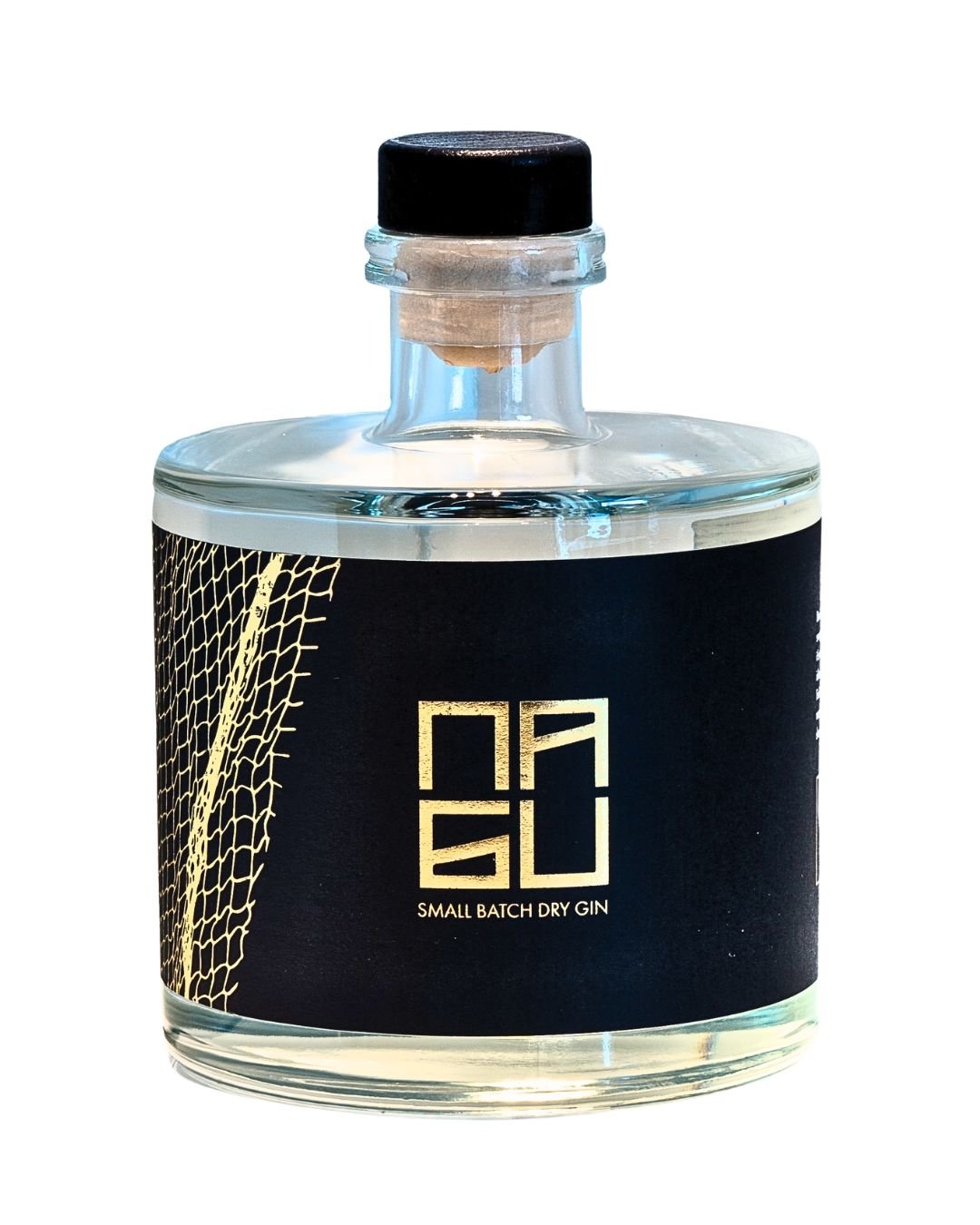 A clear glass bottle of small batch dry gin with a black label and gold text, featuring a geometric design on the side.