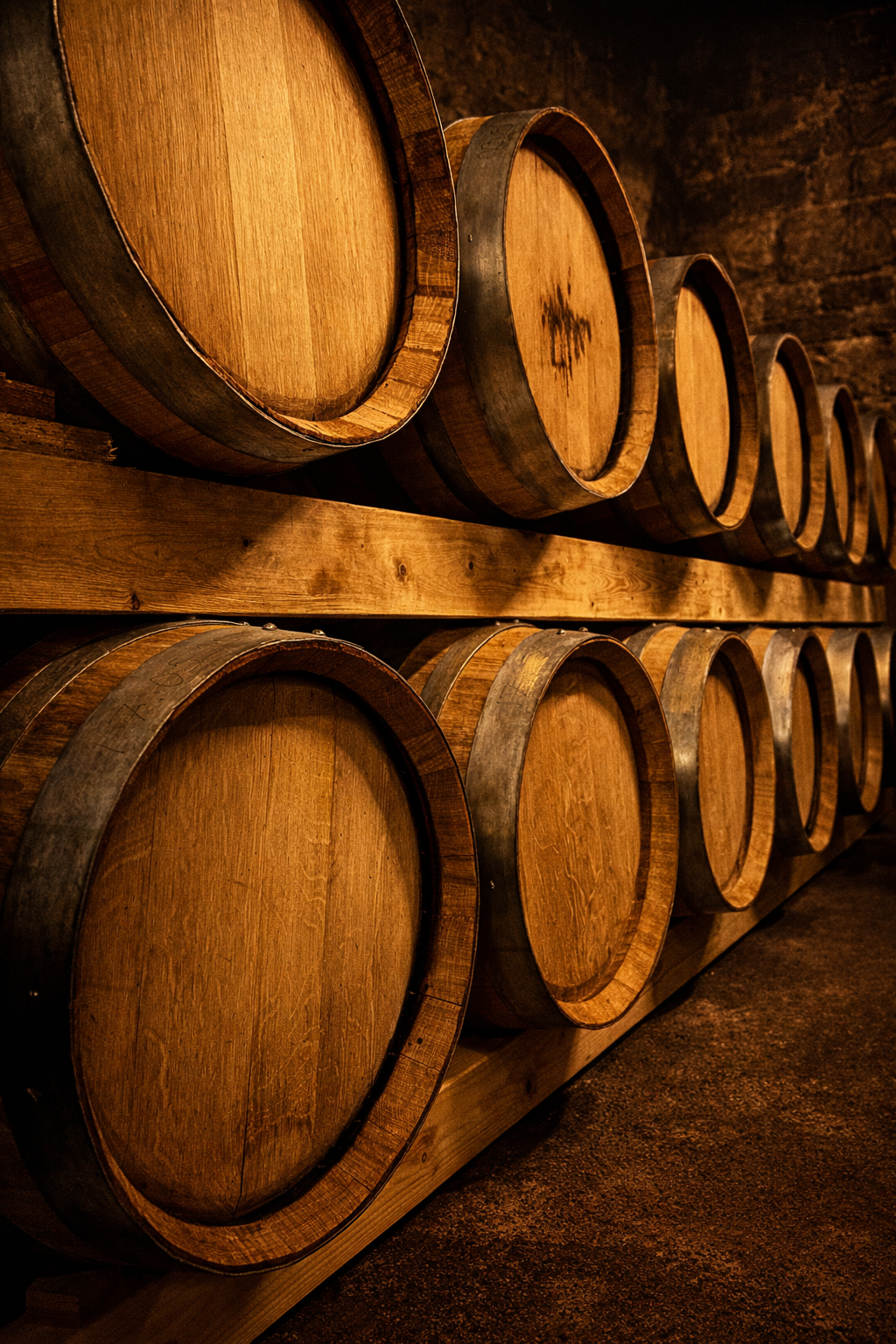 Wine barrels stored in a cellar.