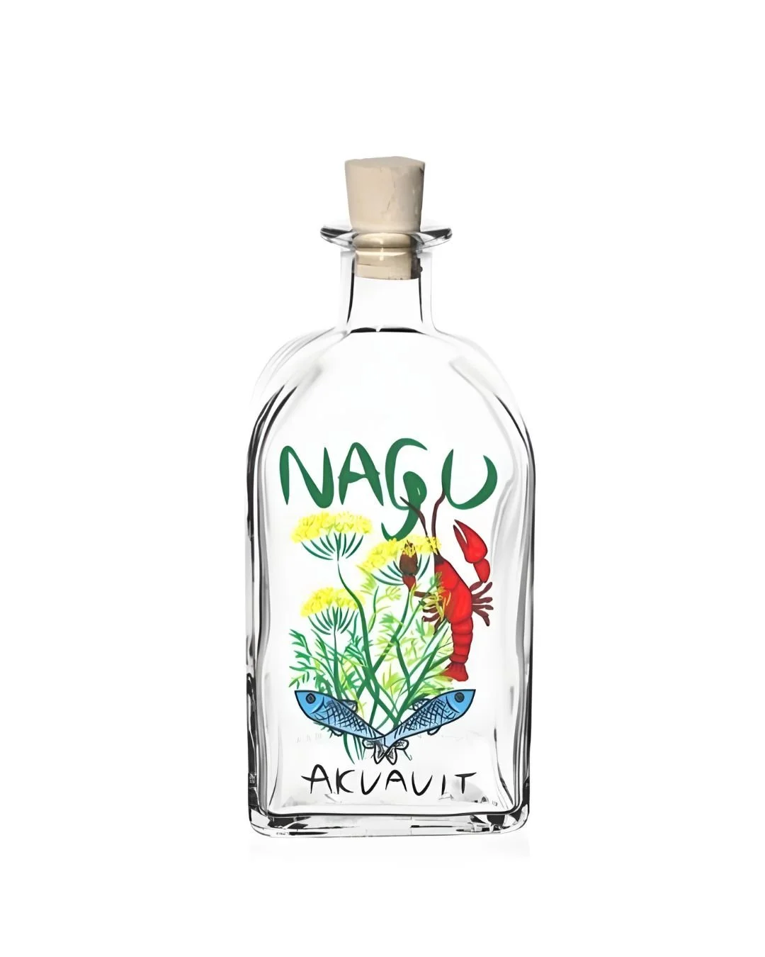 A clear glass bottle with a cork stopper, labeled 'NAGU' and 'AKVAVIT', decorated with illustrations of yellow flowers, a red lobster, and blue fish.
