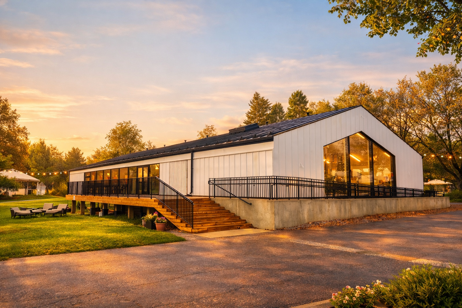A modern white building with large glass windows and black railings, surrounded by green grass and trees during sunset.