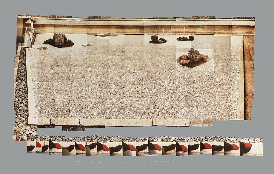Walking in the Zen Garden at the Ryoanji Temple, photograph collage on paperboard, by David Hockney (1983). Via The David Hockney Foundation.