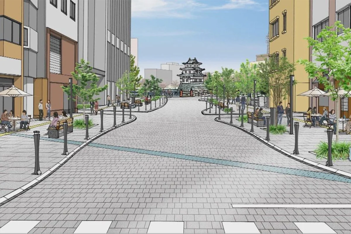 Illustrated view of Kun-Yagura from Fukui Station, Fukui, Japan (2025). Via NTV (color-corrected and cropped).