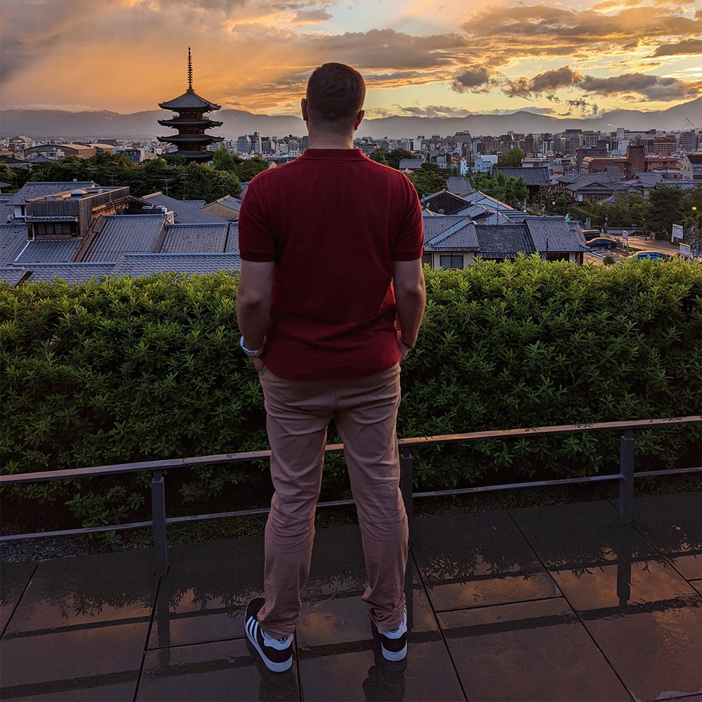  Posing outside Park Hyatt Kyoto’s Kohaku Bar with the Yasaka Pagoda of Hokan-ji in the distance, Kyoto, Japan (2022). 