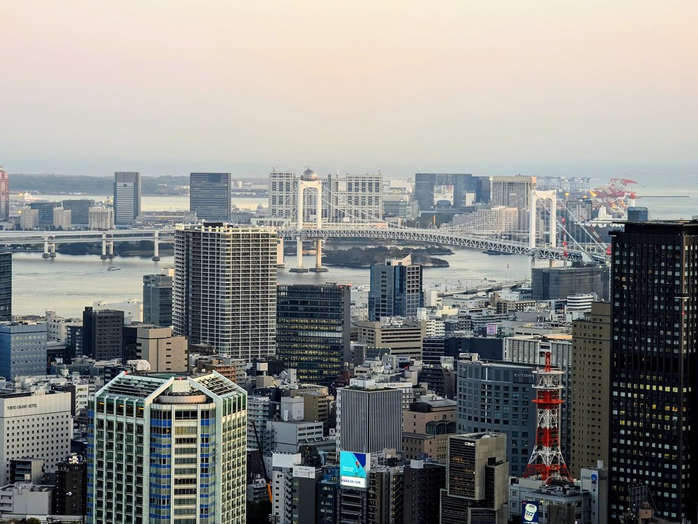  View of Tokyo Bay featuring Rainbow Bridge and Odaiba island from Azabudai Hills Mori JP Tower, Minato City, Tokyo, Japan (2023). Photo by Danny With Love. 