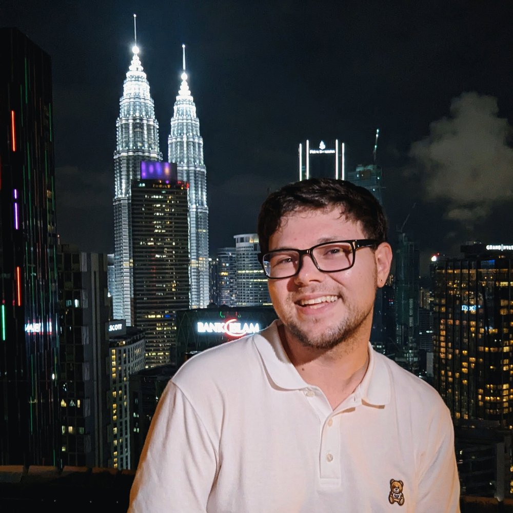  Posing with the Petronas Twin Towers at Heli Lounge Bar, Kuala Lumpur, Malaysia (2023). 