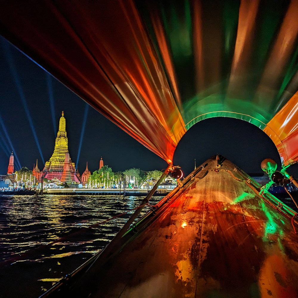  Illuminated Wat Arun (“Temple of Dawn”) during a night cruise on the Chao Phraya River, Bangkok, Thailand (2022). Photo by Danny With Love. 