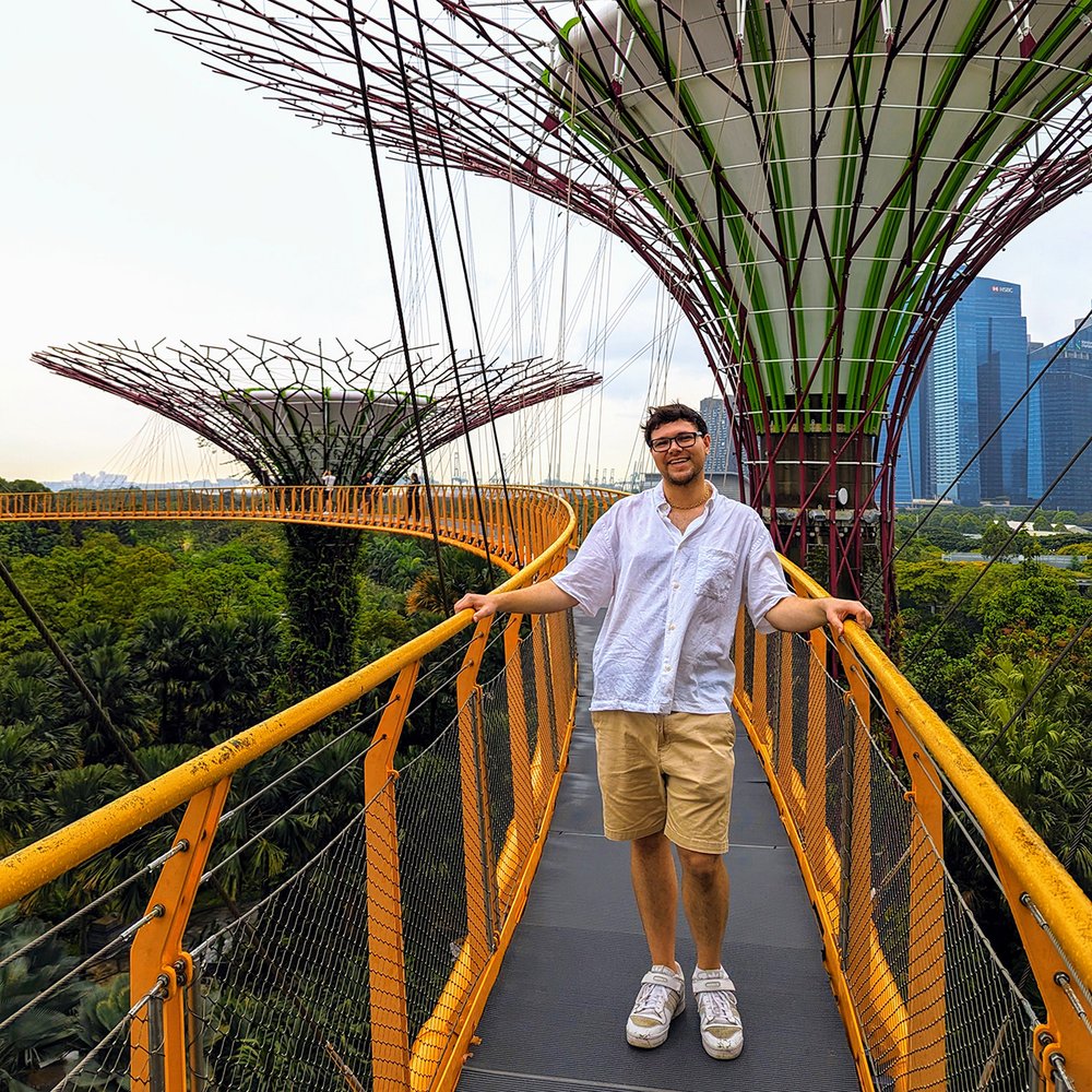  Posing at the Supertree Grove at Gardens by the Bay, Singapore (2023). 