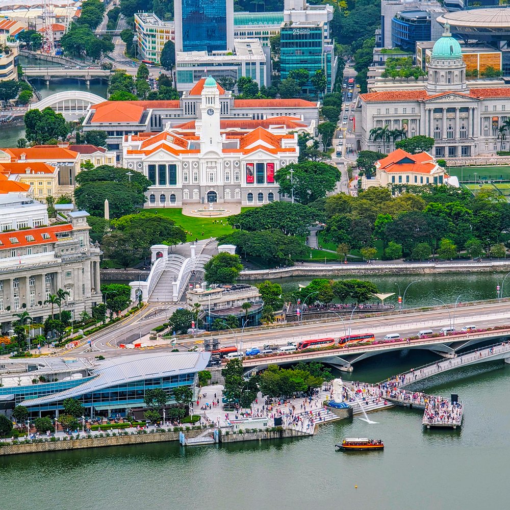  View of Merlion Park, Anderson Bridge, Victoria Concert Hall, and the National Gallery of Singapore, from Lavo Rooftop Bar at Marina Bay Sands, Singapore (2023). Photo by Danny With Love. 