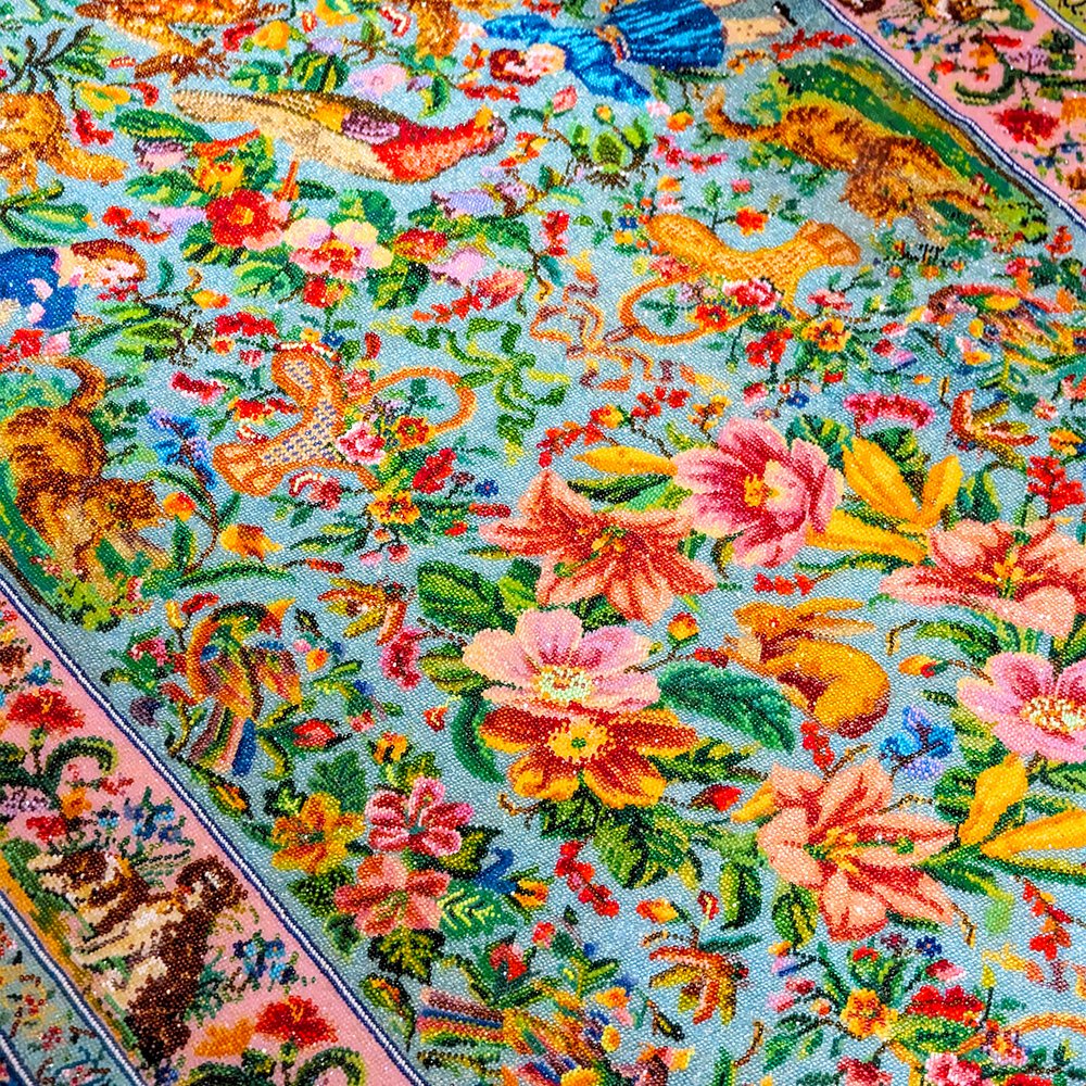  Detail of a 20th century beaded table cover from Penang, on view at the Peranakan Museum, Singapore (2023). Photo by Danny With Love. 