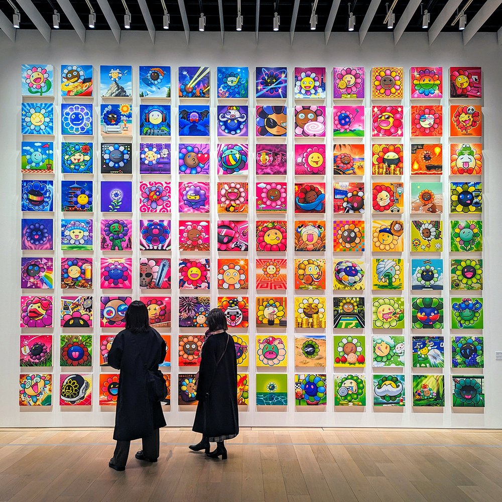  Installation view of  Murakami.Flowers Collectible Trading Card Series 2023 , acrylic on canvas mounted on wood panel (2023/24). Photo by Danny With Love. 