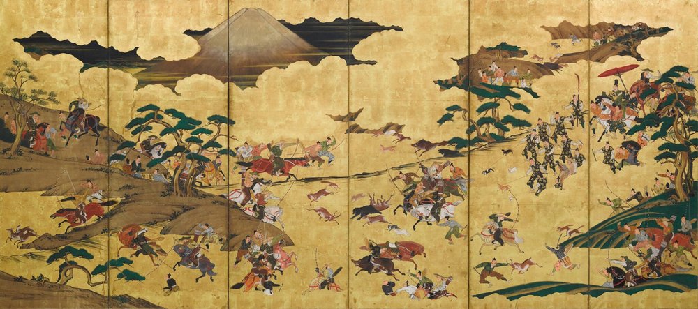   Hunting Scene Before Mount Fuji , six-panel folding screen with gold paper, by an anonymous artist (Edo Period, 17th-18th century).  Via Sotheby’s.  