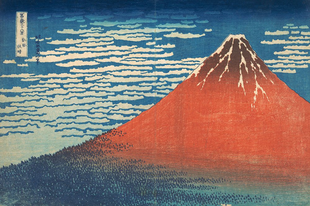   South Wind, Clear Sky (Red Fuji) , woodblock print, by Hokusai Katsushika [葛飾 北斎] (circa 1830-32).  Via the Met (color-corrected).  