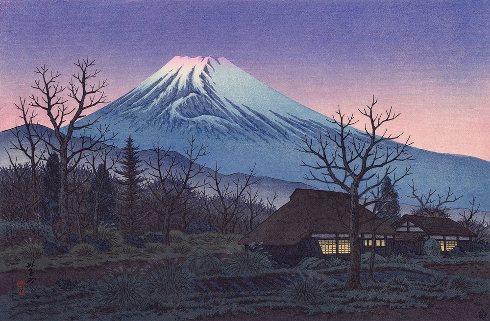   Mount Fuji from Susono  [Shizuoka],  by Takashi Ito [伊藤孝之] (1952).  Via Egenolf Gallery (cropped).  