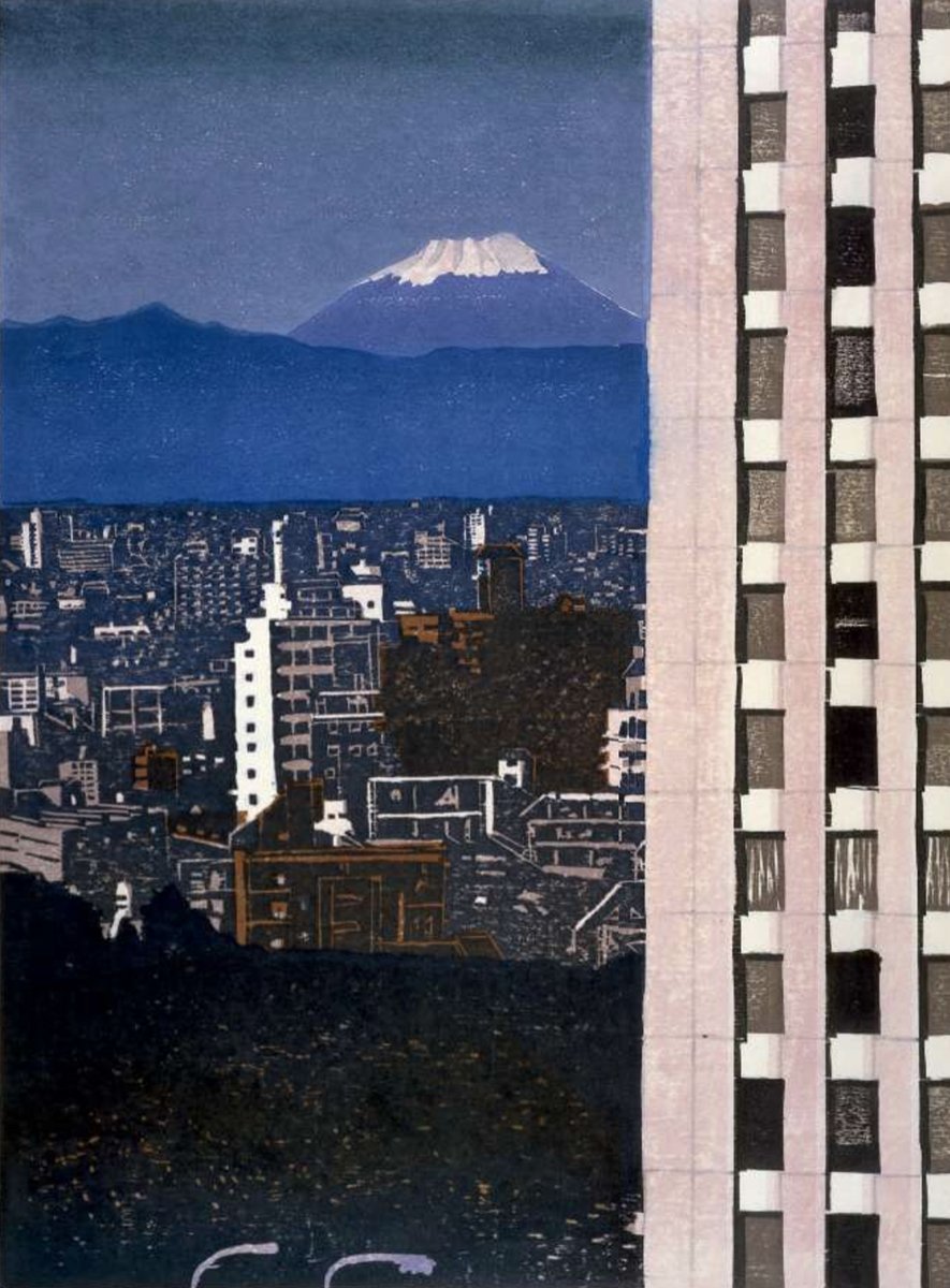   In the Valley Between Buildings [Shinjuku, Tokyo] , woodblock print, by Hideo Hagiwara [萩原秀雄] (1977-1986).  Via the British Museum (cropped).  