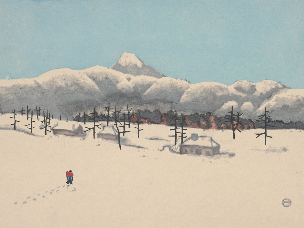   Fuji Seen from Yatsugatake [Mountains],  woodblock print, by Umetaro Azechi [畦地 梅太郎] (1957).  Via the Carnegie Museum (color-corrected and cropped).  