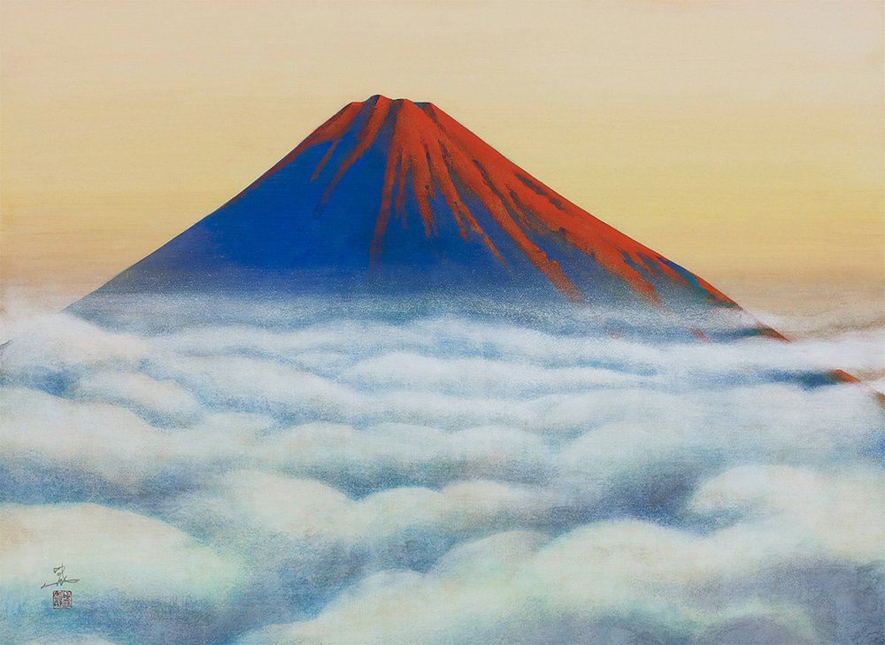   Dawn of Fuji,  natural pigment, sumi, gold paint on Kumohadamashi paper mounted on wood panel, by Ken Shiozaki [塩崎顕] (2022).  Via Artsy.  