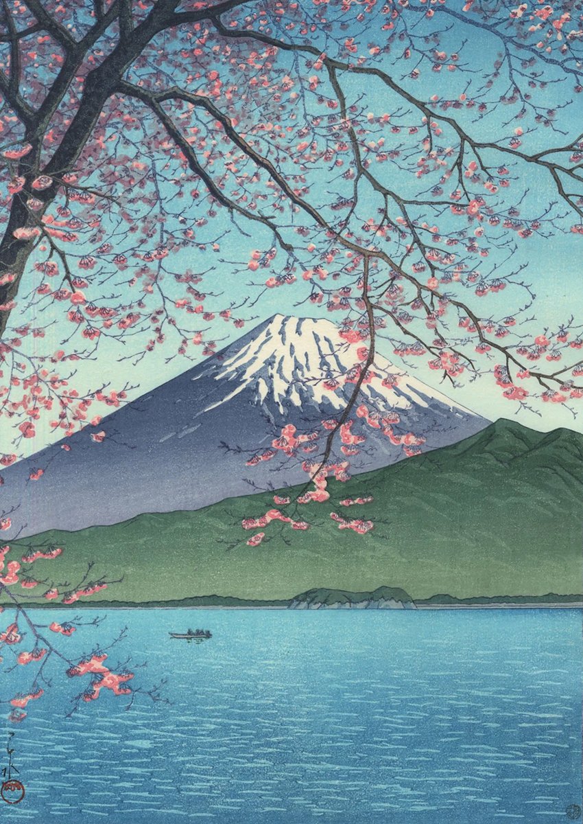   Mt. Fuji from Kishio [Nishi-izu, Shizuoka] , woodblock print, by Hasui Kawase [川瀬 巴水] (1937).  Via Ukiyo World (color-corrected and cropped).  