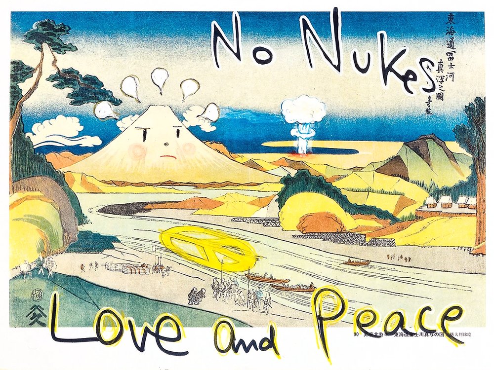   No Nukes! Love and peace (In the Floating World) , reworked woodcut, Fuji Xerox copy, by Yoshitomo Nara [ 奈良美智]  (2022).  Via Mutual Art (color-corrected and cropped).  