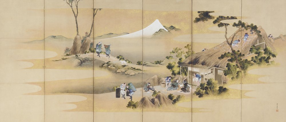   Country Scenes and Mount Fuji,  six-panel folding screen, by Hokusai Katsushika [葛飾 北斎] (circa 1830).  Via the Smithsonian (cropped).  