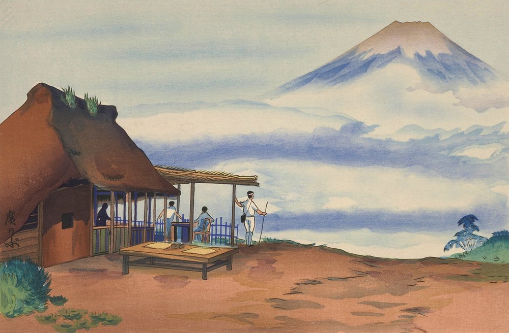   Mt. Fuji from Otome Pass [Hakone] , woodblock print, by Hironobu Oda [織田 博信] (20th century).  Via the Carnegie Museum of Art (color-corrected and cropped).  
