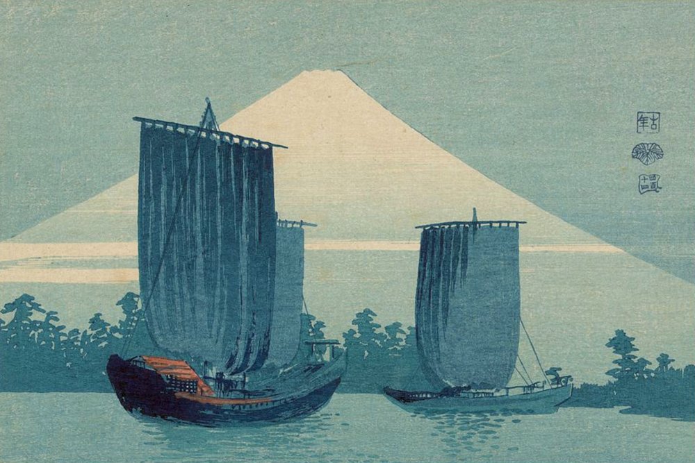   Sailboats and Mount Fuji , woodblock print, by Konen Uehara [上原古年] (circa 1900-1920).  Via the U.S. Library of Congress.  