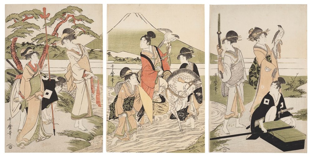   Hawking party in front of Mount Fuji , woodblock print tryptic, by Utamaro Kitagawa [喜多川 歌麿] (circa 1800).  Via Christie’s (cropped).  