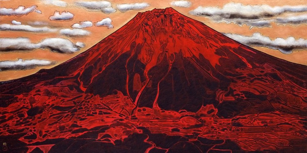   Red Fuji , color on paper, by Hitoshi Komatsu [小松均] (1977).  Via the Yamatane Museum.  