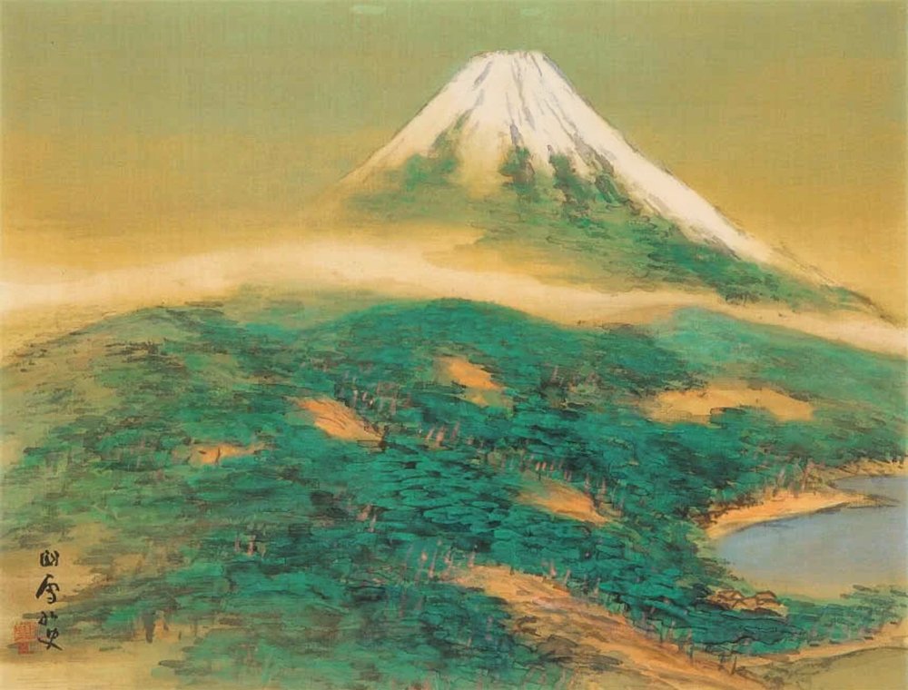   Mt. Fuji, the divine peak of Tokai , ink and color on silk, by Kansetsu Hashimoto [橋本関雪] (circa 1930?).  Via Mutual Art (color-corrected).  