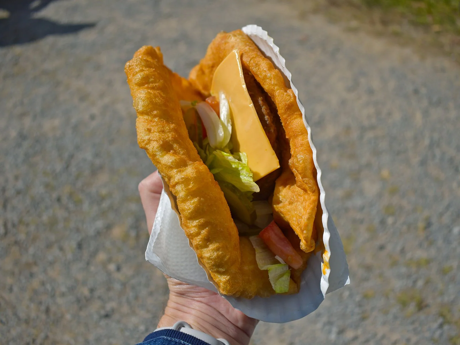 Buffalo burger on traditional fry bread at the 45th Annual Indian Education Tennessee Pow Wow, Long Hunter State Park, Nashville, Tennessee, United States (2026). Photo by Danny With Love.