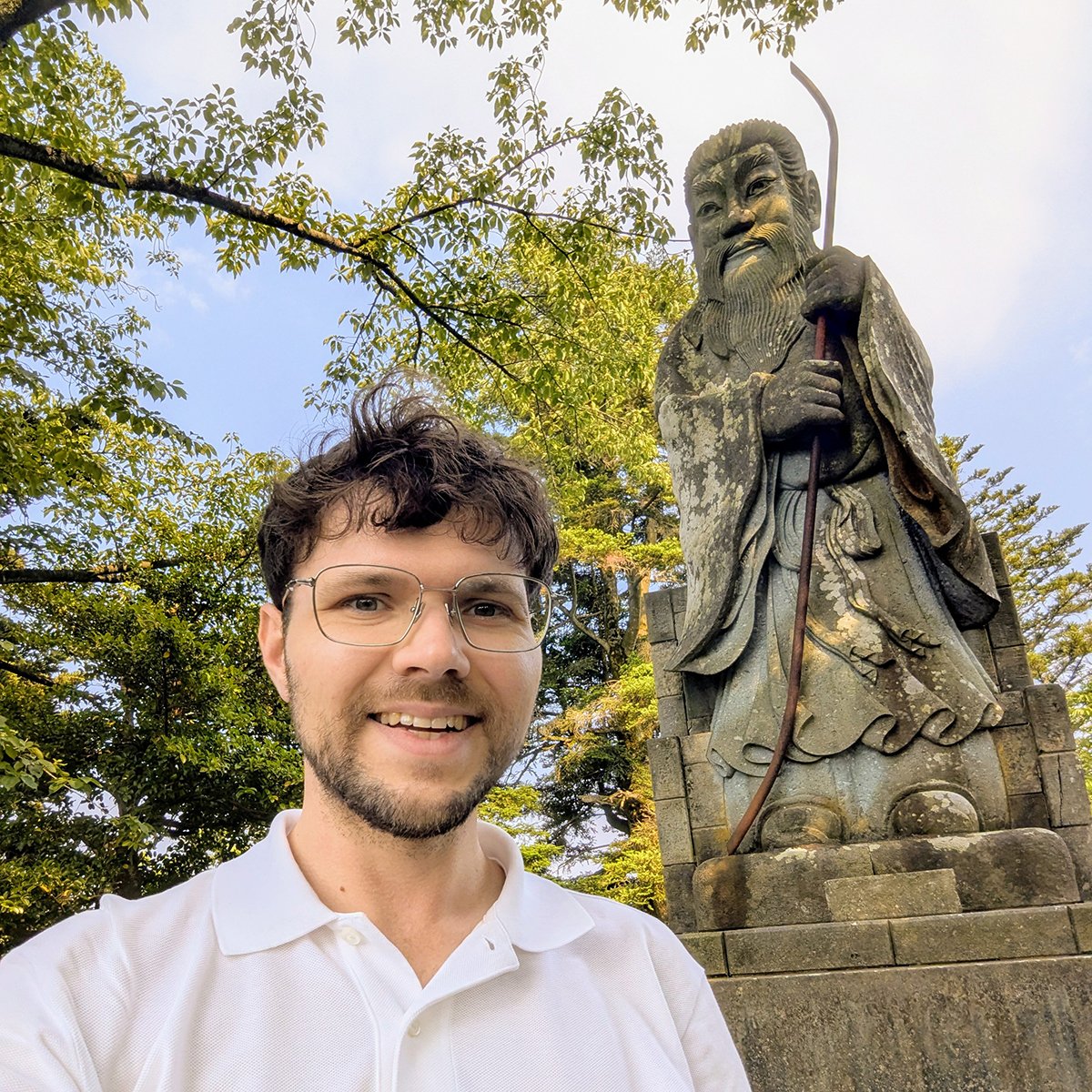 Posing with the statue of Emperor Keitai atop Mount Asuwa, Fukui City, Fukui Prefecture, Japan (2026). Photo by Danny With Love.