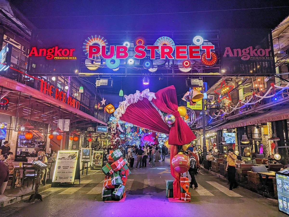 Pub Street with Christmas decorations, Siem Reap, Cambodia (2025). Photo by Danny With Love.