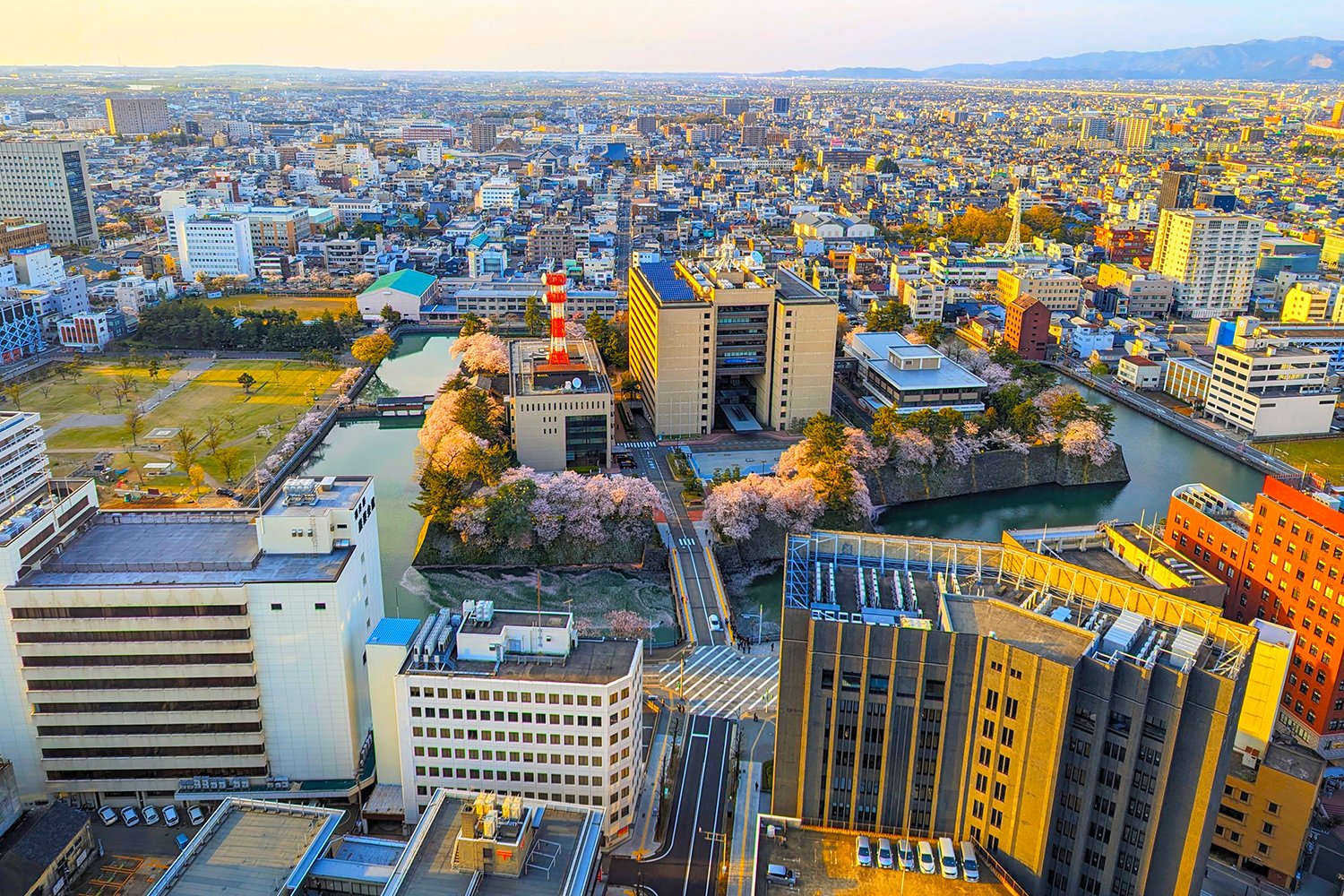 Spring view of Fukui Castle Ruins from 28th floor of Courtyard by Marriott Fukui, Fukui, Japan (2024). Photo by Danny With Love.