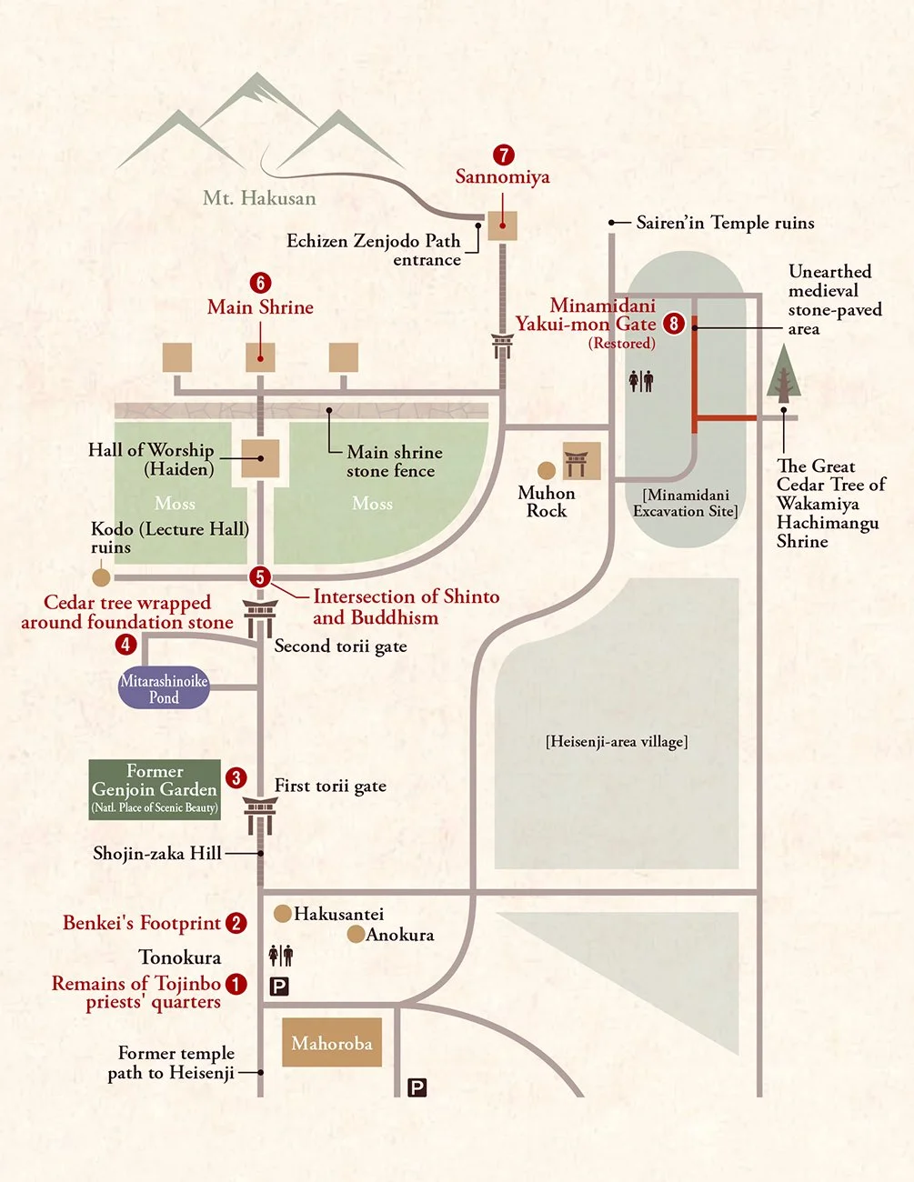 Map of Heisenji Hakusan Shrine grounds featuring top highlights, published by the Katsuyama City Hall Commerce and Tourism Department (undated, accessed 2025). Via Fuku-E (color-corrected and cropped).