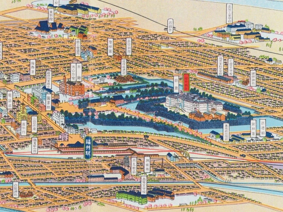 View of Fukui Castle Ruins, illustrated map, by Hatsusaburo Yoshida [吉田 初三郎] (1935). Published by Fukui City Hall and via the International Research Center for Japanese Studies (color-corrected and cropped).