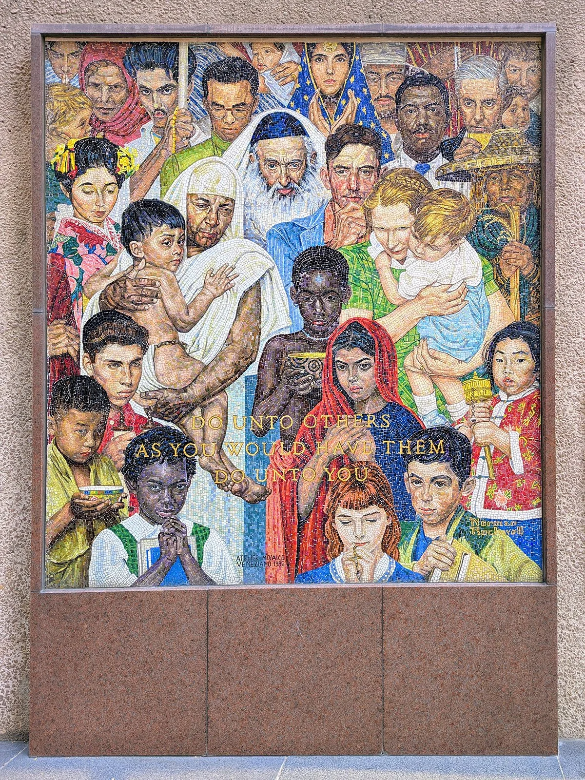 Golden Rule (after Norman Rockwell), mosaic, by Cooperativa Scuola Mosaico Veneziano, Dallas, Texas, United States (2026). Photo by Danny With Love.