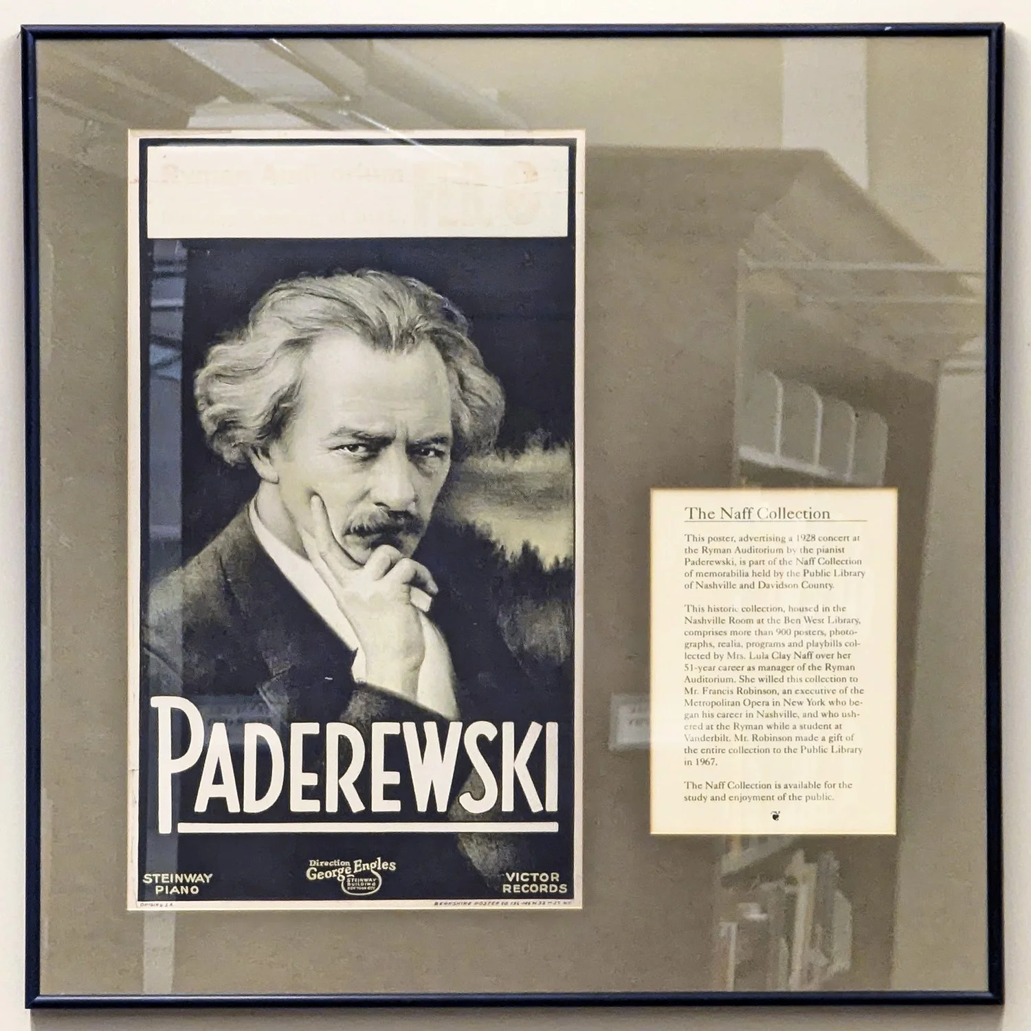 Advertising poster for Paderewski’s 1928 concert at the Ryman Auditorium, installation view at the Nashville Public Library, Nashville, Tennessee, United States (2026). Photo by Danny With Love.
