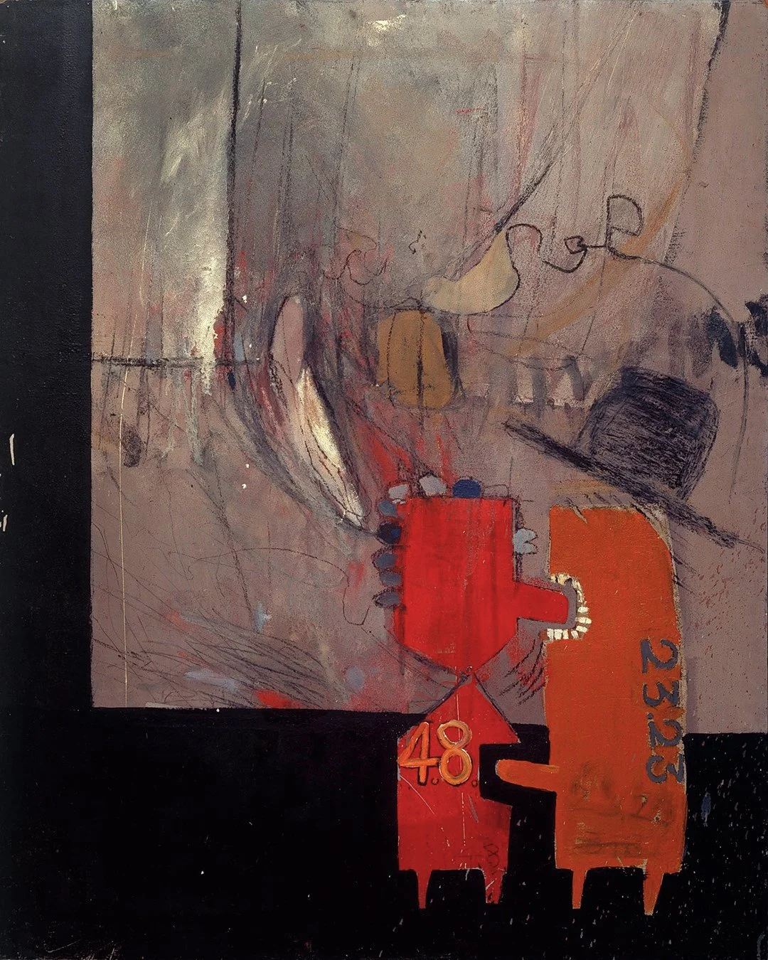 Adhesiveness, oil on board, by David Hockney (1960). Via The Fort Worth Modern’s official Instagram (color-corrected).