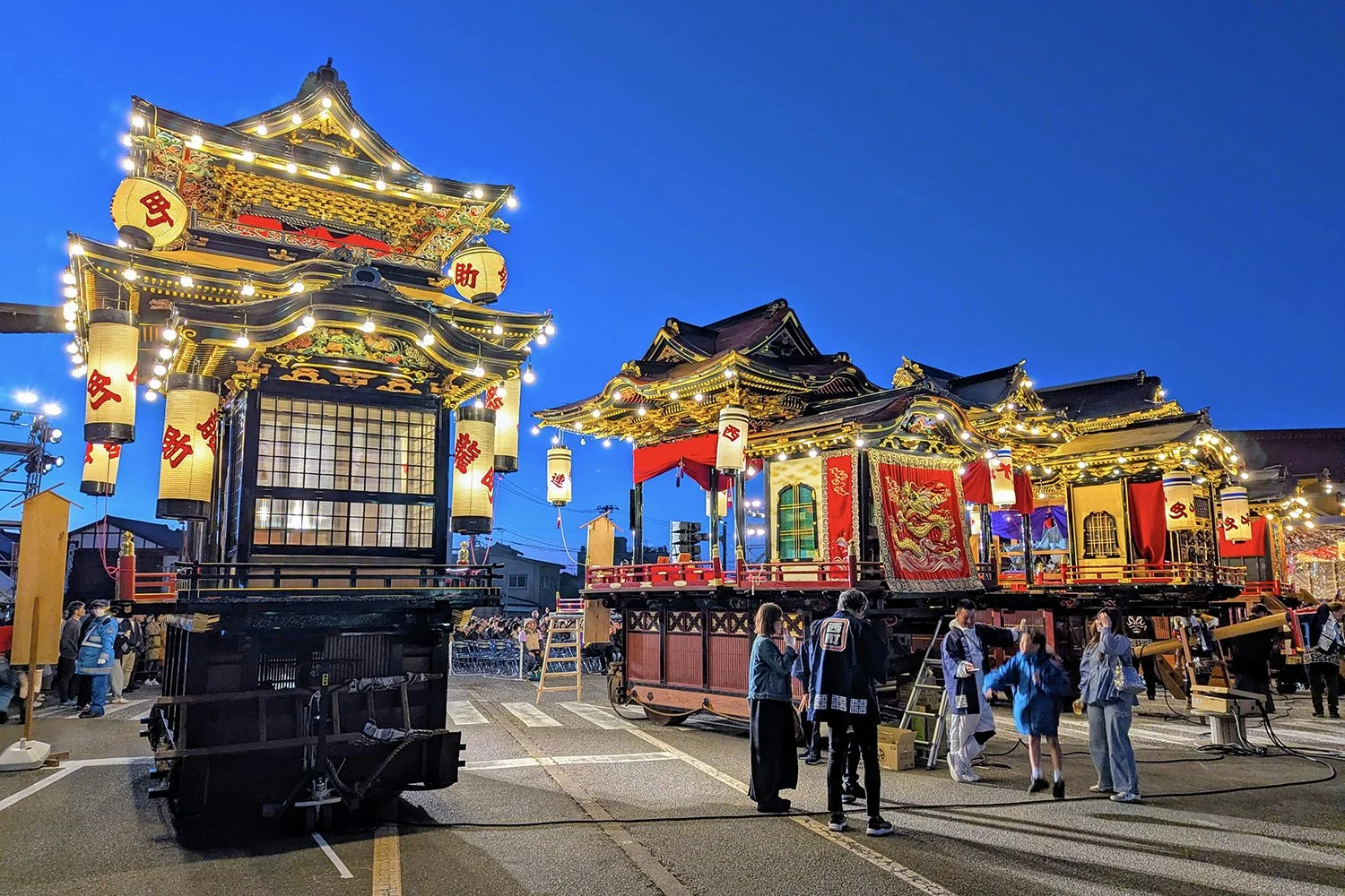 Historic hikiyama floats are illuminated at night for Otabi Matsuri (“Traveling Festival”), Komatsu, Ishikawa, Japan (2026). Photo by Danny With Love.