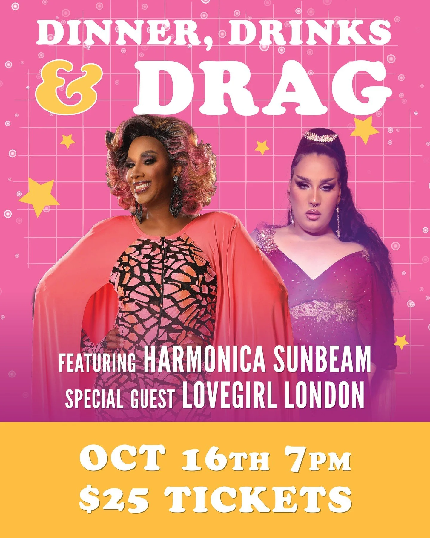 ✨ DINNER, DRINKS &amp; DRAG RETURNS ✨
Mark your calendars &mdash; October 16th at 7PM we&rsquo;re serving up fierce performances, delicious bites, and plenty of cocktails to keep the energy high! 💃🍸🍽️

Hosted by the fabulous Harmonica Sunbeam with