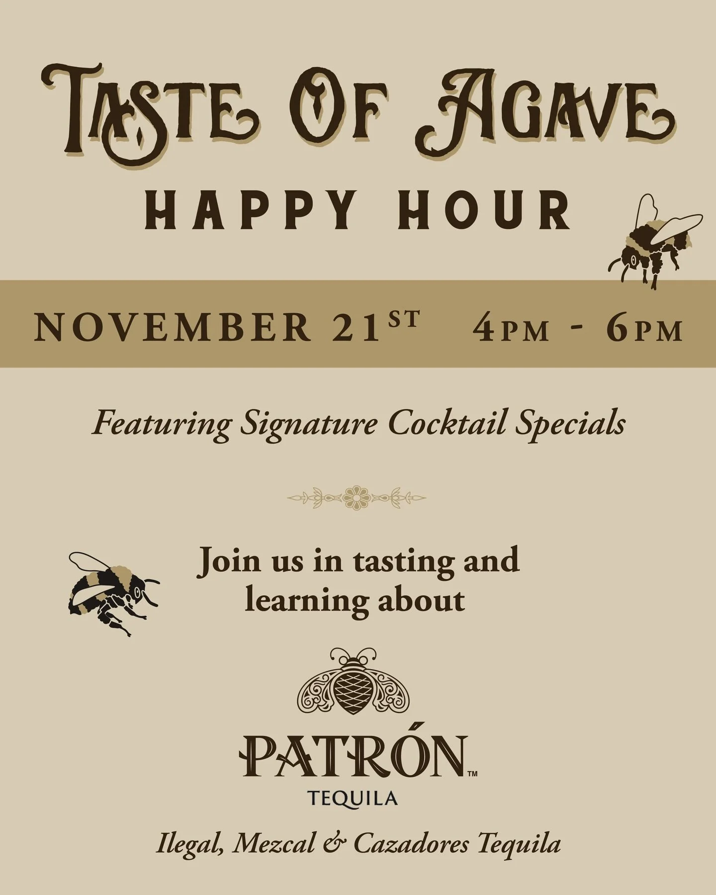 Tequila lovers, this one&rsquo;s for you. 🌵✨
Taste of Agave Happy Hour &bull; TONIGHT &bull; 4&ndash;6PM
Featuring Patr&oacute;n + signature cocktail specials!