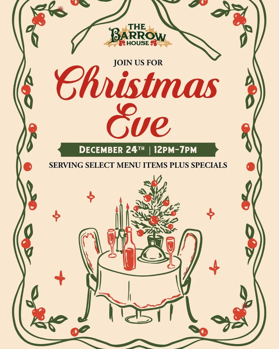 Step into the glow of Christmas Eve with us. ✨
From 12&ndash;7PM, enjoy seasonal specials, select menu dishes, and all the cozy farmhouse charm you love this time of year.

Reservations available on Resy.com