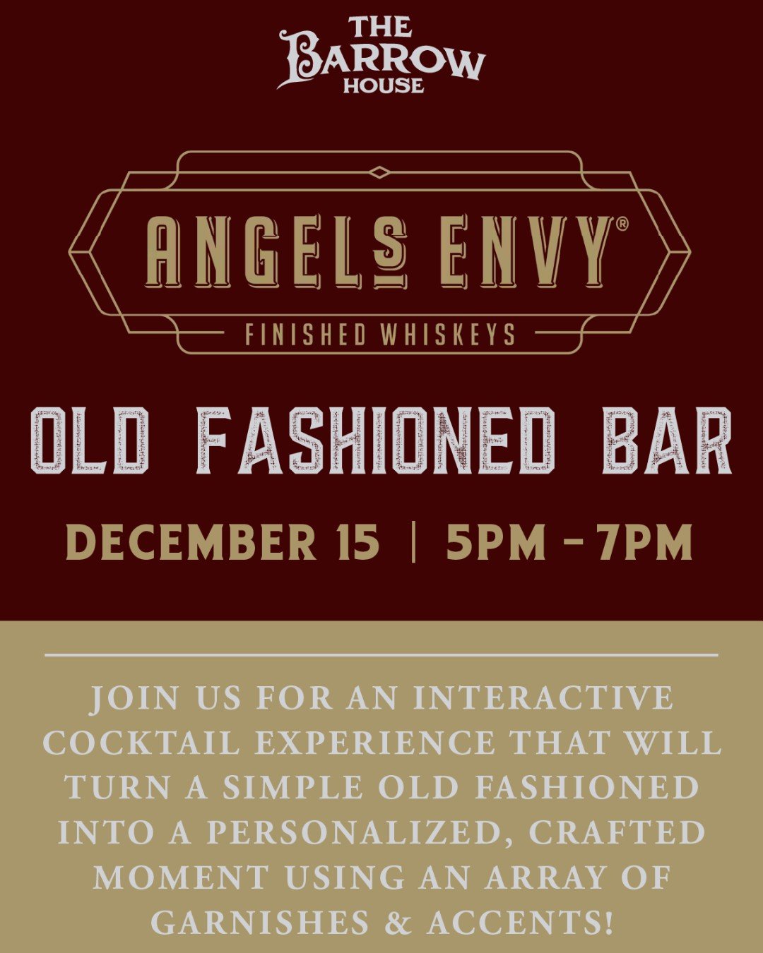 Tonight, we&rsquo;re giving the Old Fashioned the spotlight it deserves. 🥃✨
Join us from 5&ndash;7PM for an interactive Angels Envy Old Fashioned Bar, where you can build your perfect version with specialty garnishes, accents, and a little Barrow Ho