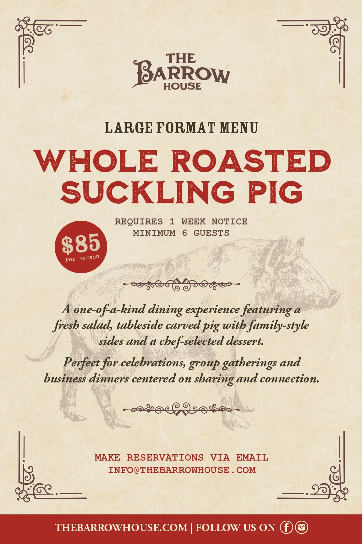 large format menu, pig roast, unique dining experience