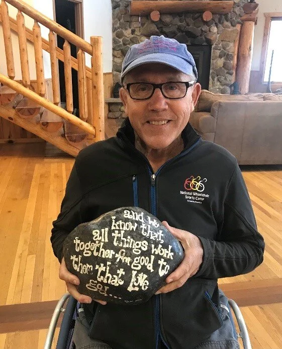 Soon after my injury in 1973 while I was still in the hospital a friend came to visit me and brought me a heavy box. Inside was this rock with Romans 8:28. What an important time for me to be reminded that God is in control, has a plan for our lives…
