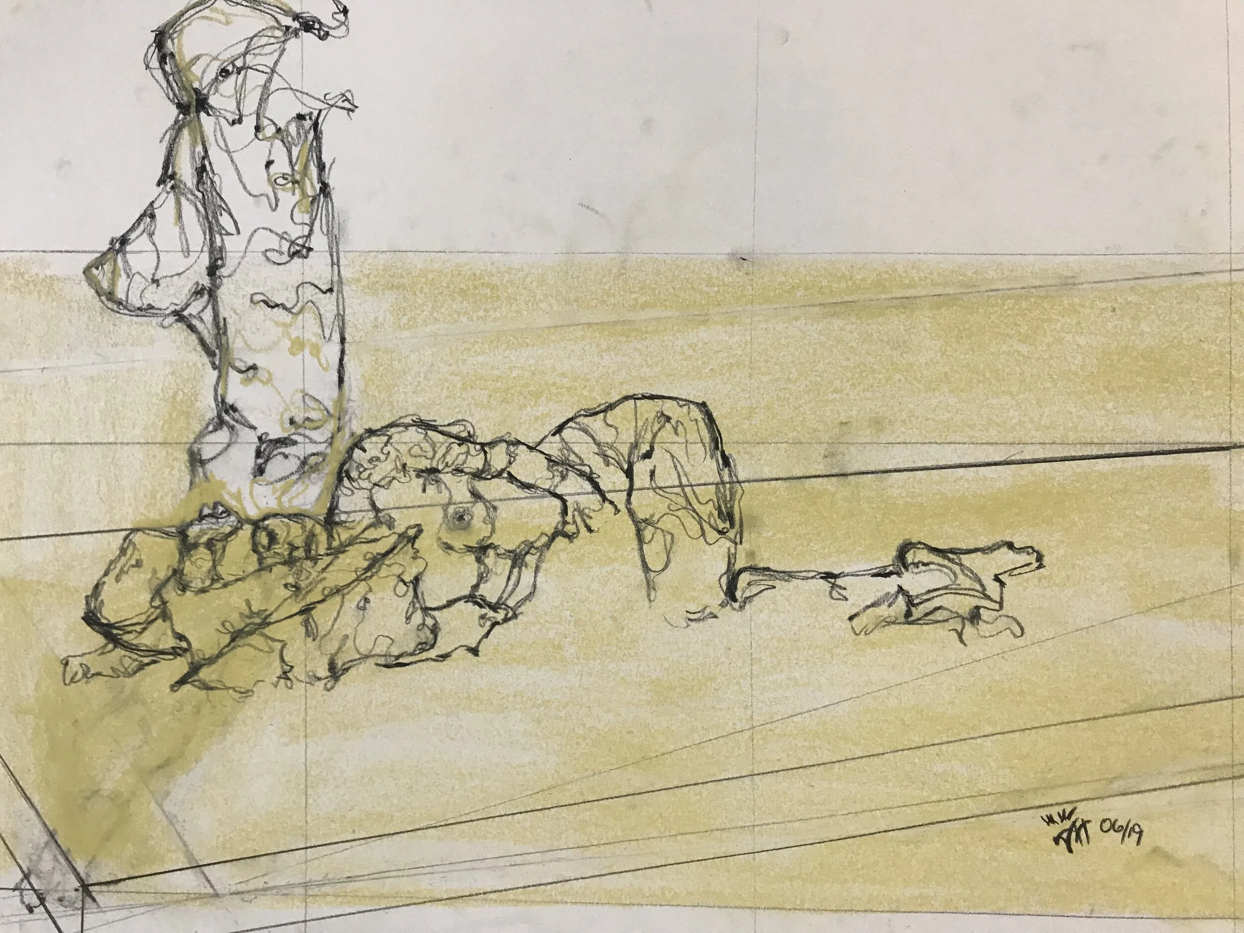 Charcoal, Pastel, String on Newsprint 