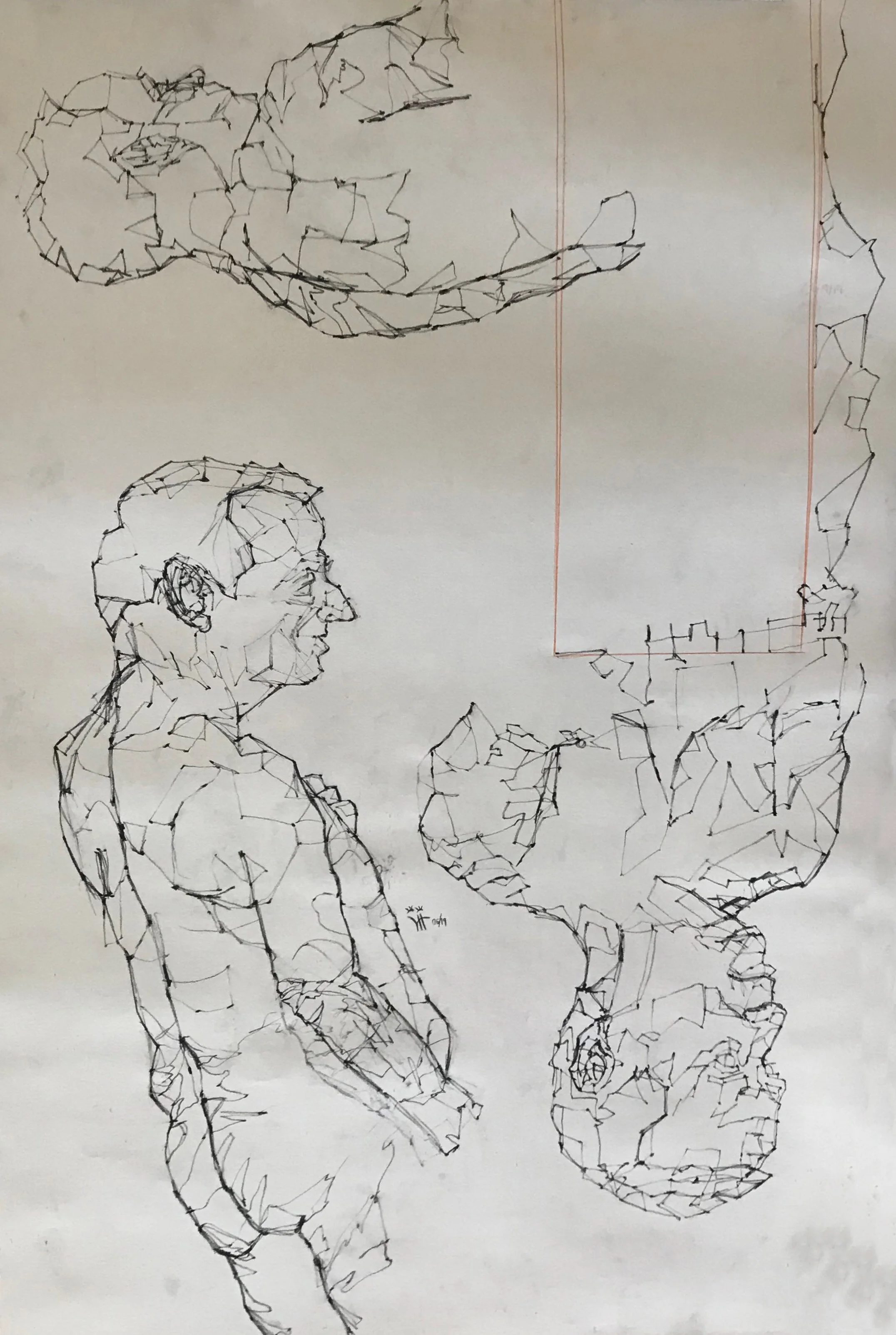Charcoal, Pastel, Ink, String on Newsprint 