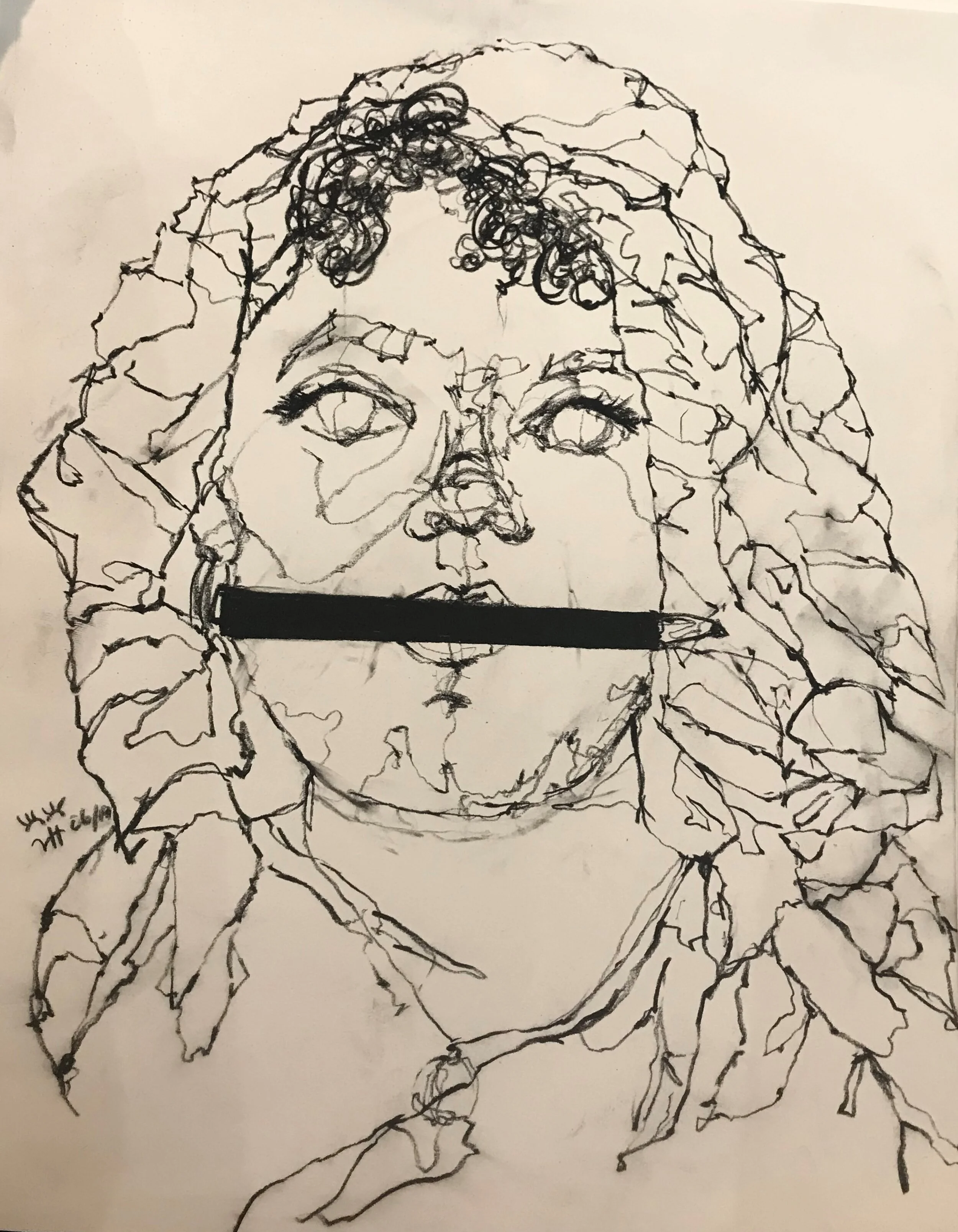 Charcoal, Pastel, String on Newsprint 
