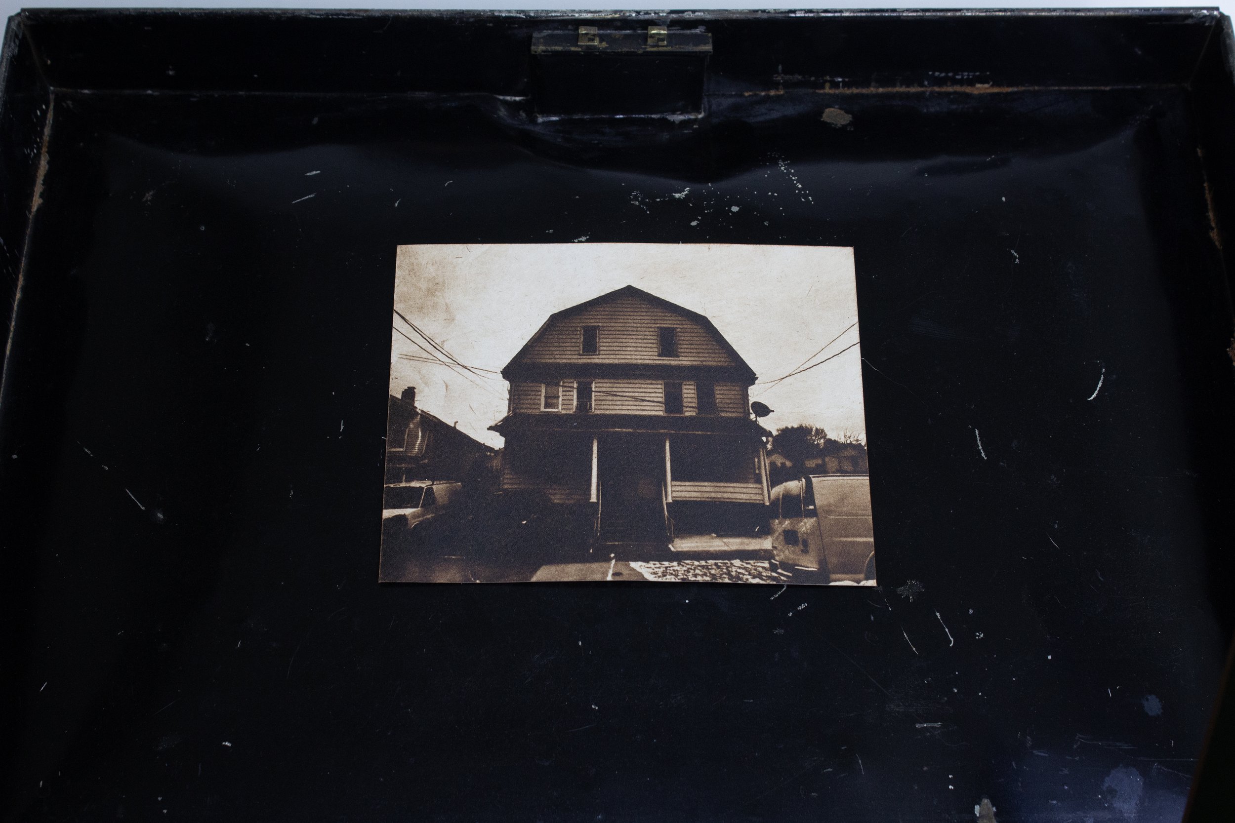 Photoetching of Great Grandmother's house on inside of box lid