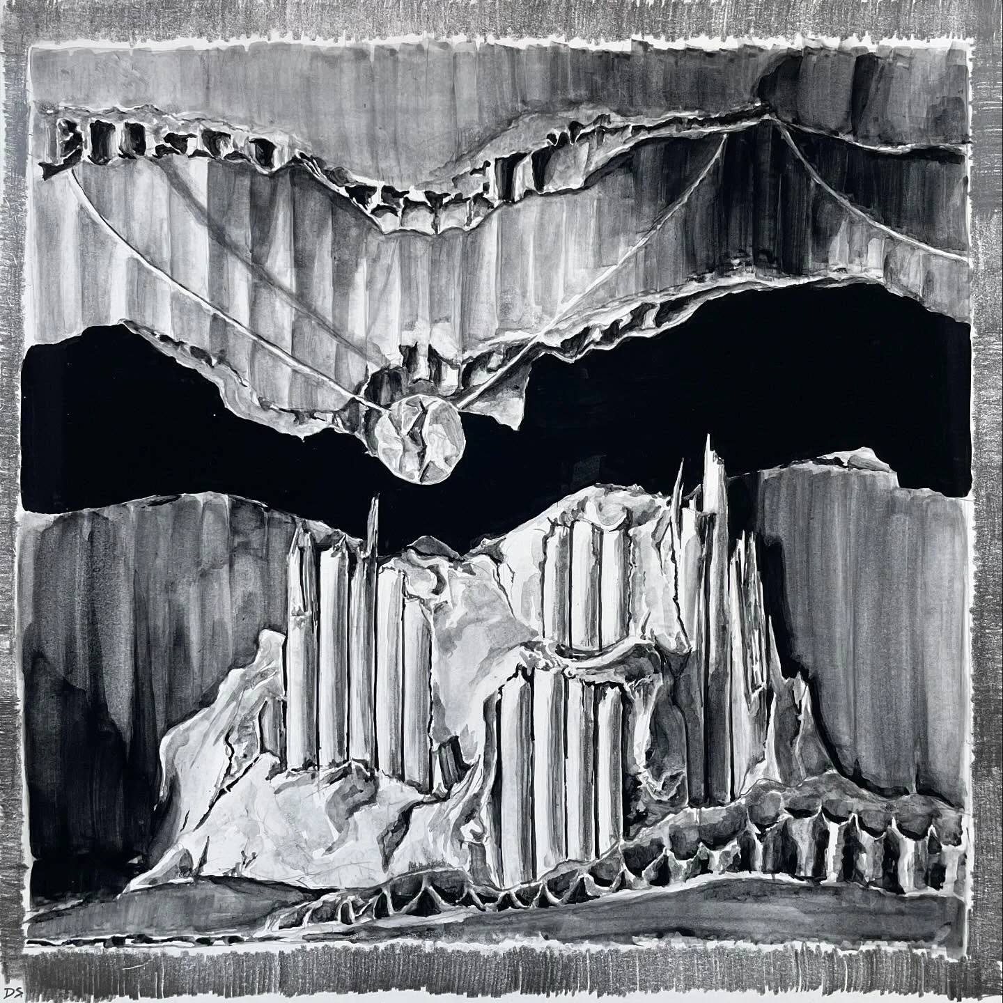 Ink drawing for a new plate. I’m dreaming up a triptych… Really enjoyed rendering these jagged vertical bits. 
#maquette #ink #drawing #sketch #torn #supports #pile #spacebetween #scraps